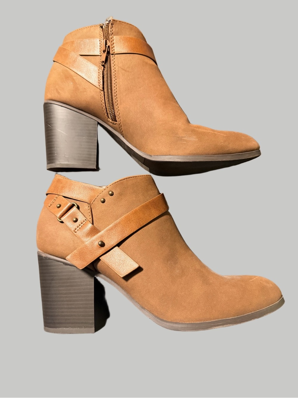 Soda Tan Suede Strap Block Heel Ankle Booties - Copy of Vionic Tensley